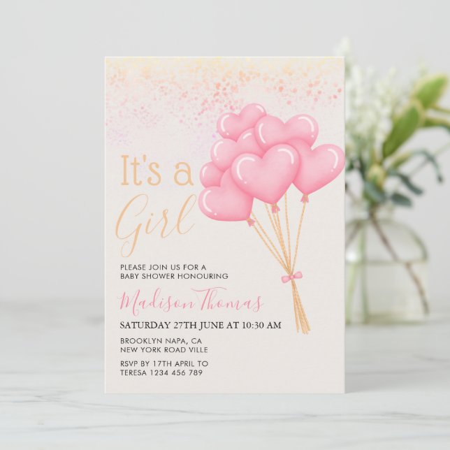 Invitation C'est une fille Blush rose Heart Balloons Baby sho (Debout devant)