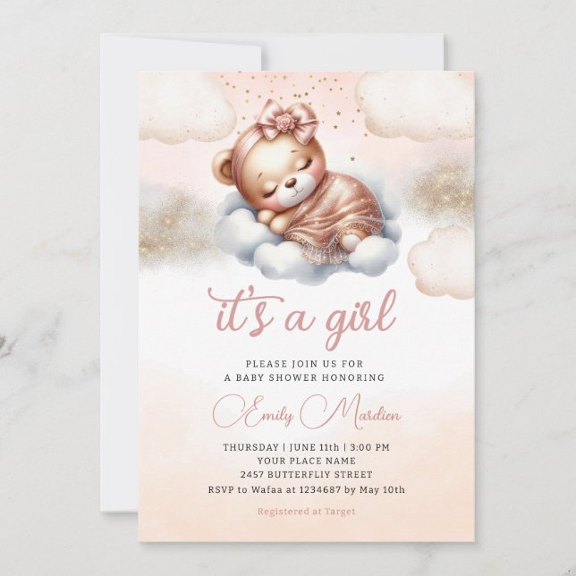 Invitation C'est une fille Boho Teddy Bear Blush baby shower  (Devant)