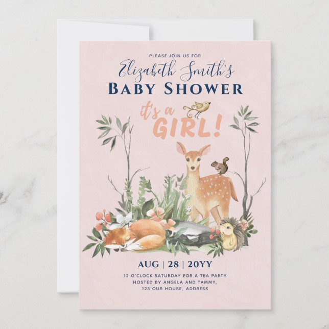Invitation C'est une FILLE ! Cute Woodland Baby Animals Douch (Devant)