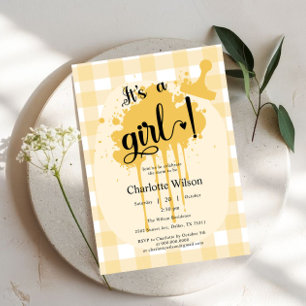 Invitation C'est une fille Douce Baby Shower à carreaux orang