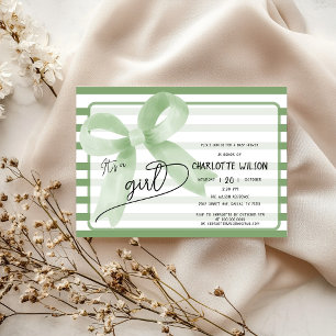 Invitation C'est une fille Douce Fleur Verte Rayures Baby Sho