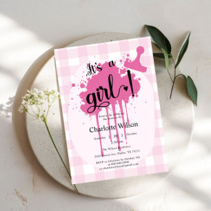 Invitation C'est une fille ! Douce Pastel Rose Gingham Baby S