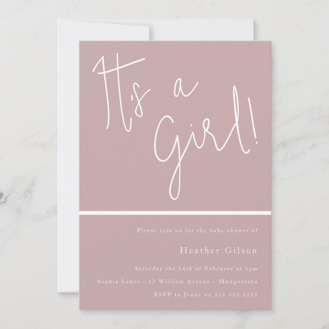 Invitation C'est une fille ! Dusty rose Baby shower filles ma (Devant)