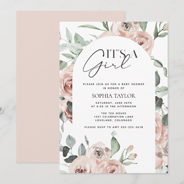 Invitation C'est une fille Dusty rose Floral Baby shower fill (Devant / Derrière)