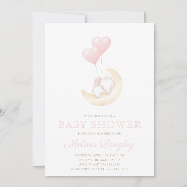 Invitation c'est une fille éléphant rose ballon Baby shower m (Devant)