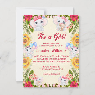 Invitation c'est une fille, éléphants baby shower rose tropic