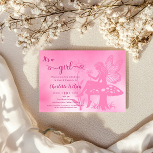 Invitation C'est une fille ! Fée champignon et fleurs Baby Sh