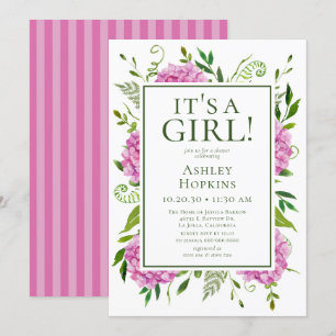 Invitation C'est une fille Fête Prénatale aux Hydrangeas Rose