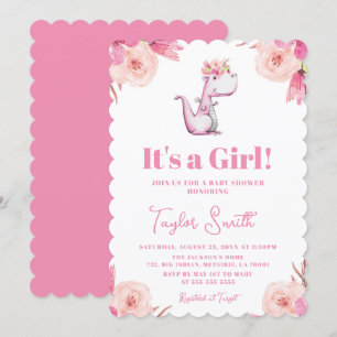Invitation C'est une fille Fleur rose Dinosaure mignon Baby S