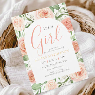 Invitation C'est une fille Fleurs roses rose saumon Fête prén
