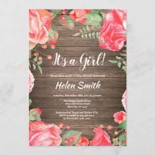 Invitation C'est une fille Fleurs rouges Baby Shower Bois rus