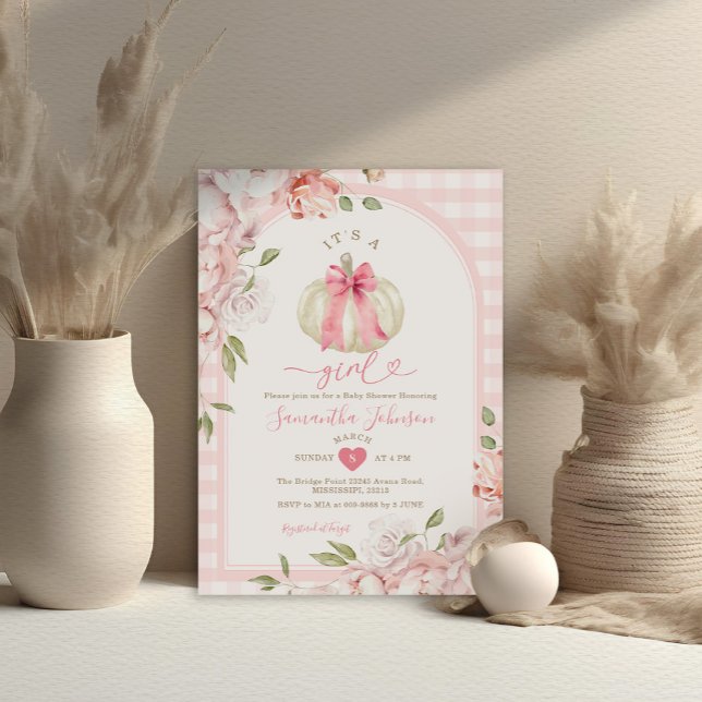 Invitation C'est une fille Floral Blush En vichy Baby shower  (Créateur téléchargé)
