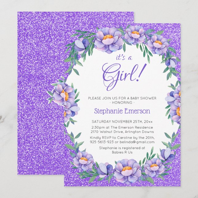 Invitation C'Est Une Fille Floral Purple Parties scintillant  (Devant / Derrière)