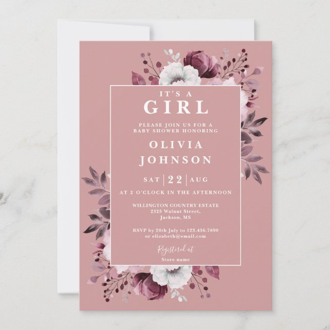 Invitation C'Est Une Fille Florale Rose Tout En Un Baby showe (Devant)