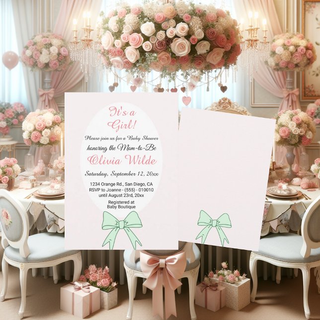 Invitation C'est une fille Green Bow & Flowers pour un Baby s (Créateur téléchargé)