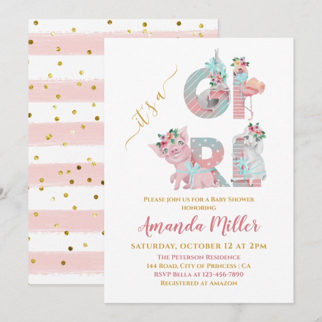 Invitation C'est une fille jolies lettres d'animaux Baby show (Devant / Derrière)