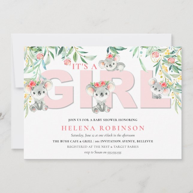 Invitation C'est une fille Koala Babies Baby Shower Invitatio (Devant)