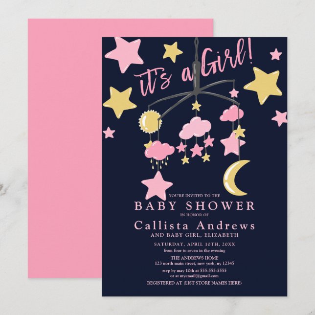 Invitation C'est une fille Lune Stars Baby shower mobile (Devant / Derrière)