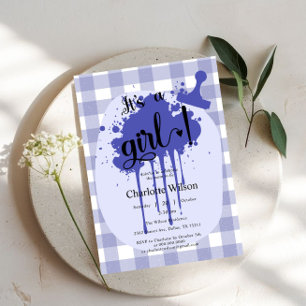 Invitation C'est une fille Mignon Gingham Pastel Bleu Marine 