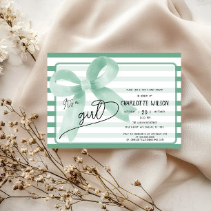 Invitation C'est une fille Mignon Ruban Menthe Rayures Baby S