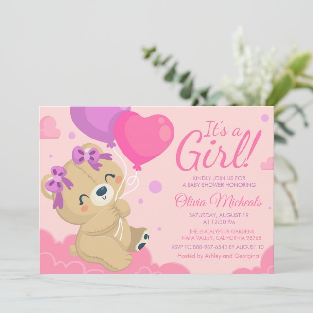 Invitation C'est une fille mignonne Baby shower rose (Debout devant)