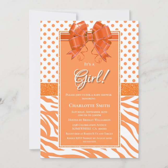 Invitation C'est une fille Orange et Baby shower blanc (Devant)