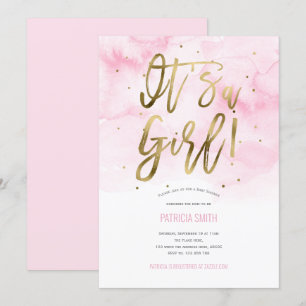 Invitation C'est une fille, rose, aquarelle, Baby Girl Show