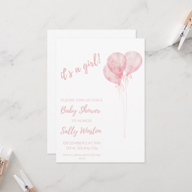 Invitation C'est une fille rose ballons Baby shower Invitatio (Devant/Arrière en situation)
