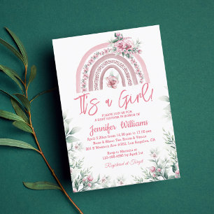 Invitation c'est une fille rose boho baby shower fleuri arc-e