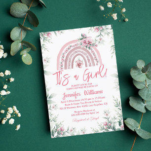 Invitation c'est une fille rose boho baby shower fleuri arc-e