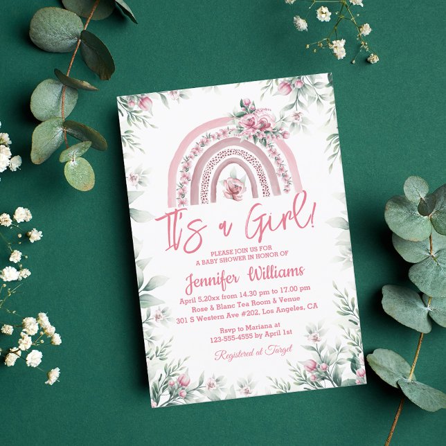 Invitation c'est une fille rose boho baby shower fleuri arc-e (Créateur téléchargé)