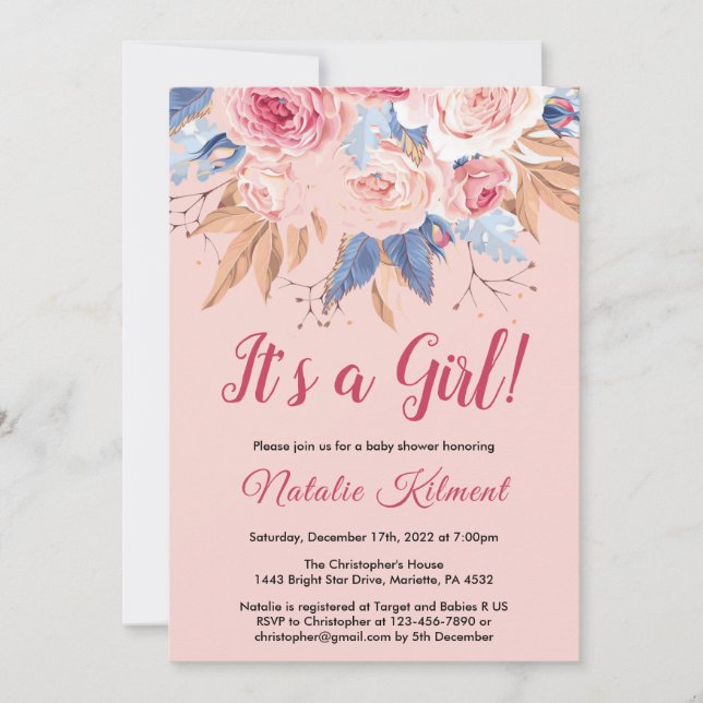 Invitation C'est une fille rose botanique Baby shower floral  (Devant)