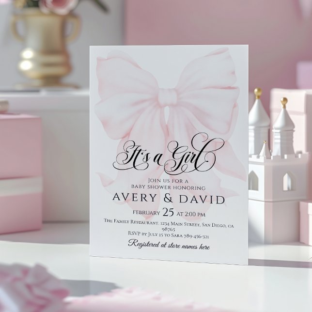 Invitation C'est une fille rose Bow Baby shower moderne éléga (Créateur téléchargé)
