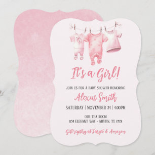 Invitation C'Est Une Fille Rose Clothesline Baby shower Fille