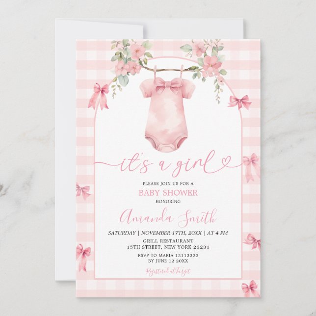 Invitation C'est une fille rose En vichy bow Baby shower flor (Devant)
