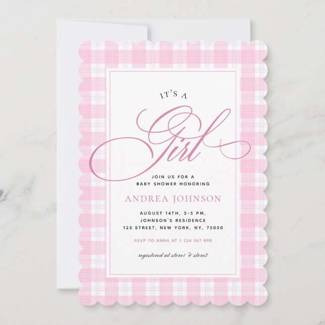 Invitation C'est une fille rose En vichy un Baby shower d'hiv (Devant)