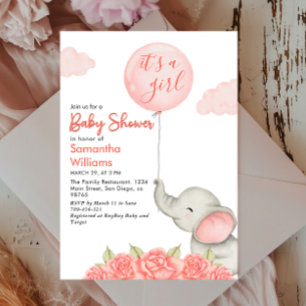 Invitation C'Est Une Fille Rose Floral Elephant Baby shower