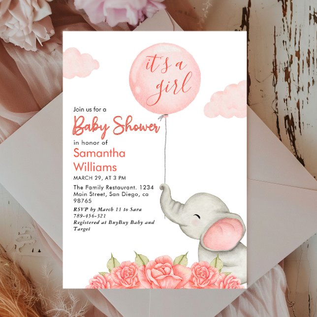 Invitation C'Est Une Fille Rose Floral Elephant Baby shower (Créateur téléchargé)