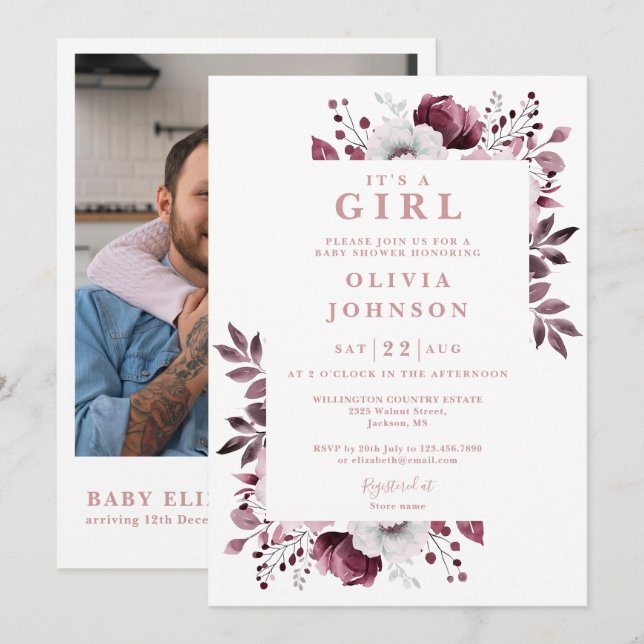 Invitation C'est une fille rose florale photo QR Code Baby sh (Devant / Derrière)