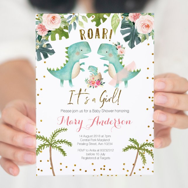 Invitation C'est une fille rose or Dinosaure Douche Couple (Créateur téléchargé)