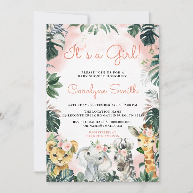 Invitation C'est une fille Safari Animaux Baby shower Invitat (Devant)