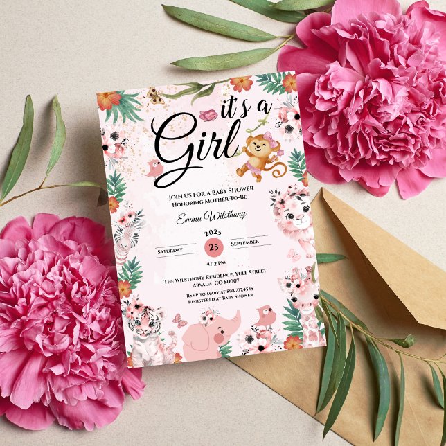 Invitation C'est une fille Safari fille Baby shower rose Jung (It's a Girl Safari Girl Pink Baby Shower Jungle girl baby shower ideas jungle tropical summer safari)