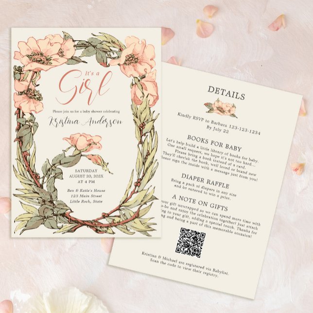 Invitation C'est une fille tout en un Baby shower rose roses (Créateur téléchargé)