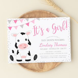 Invitation C'est une fille Vache Baby Shower Rose