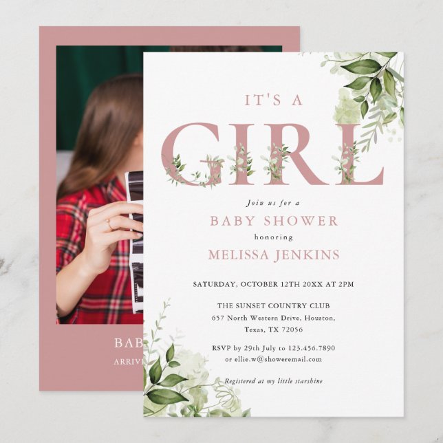 Invitation C'est une fille verdoyante Dusty Rose Baby shower  (Devant / Derrière)