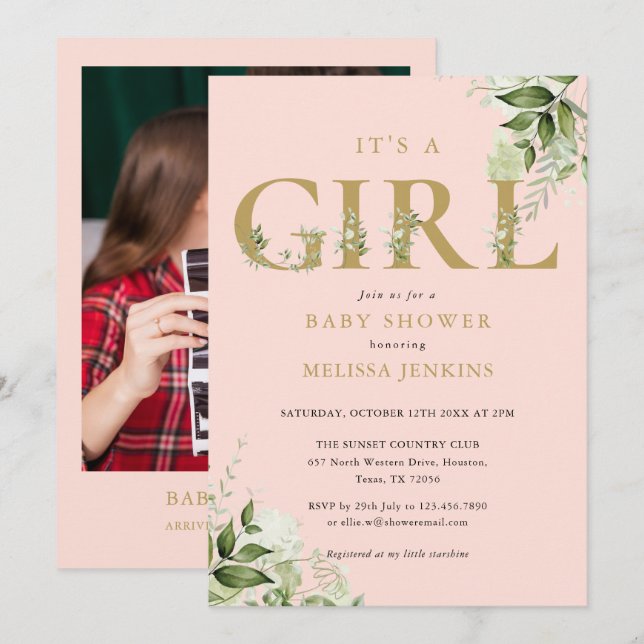 Invitation C'est une fille verdoyante rose Baby shower photo  (Devant / Derrière)