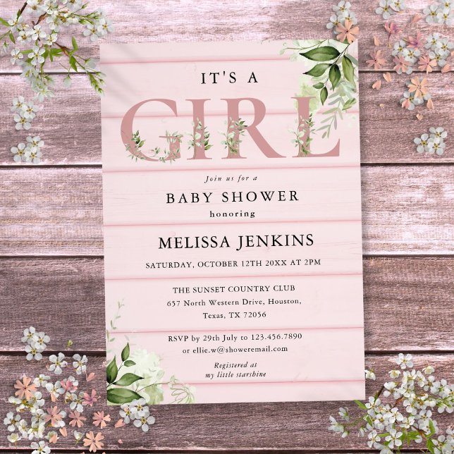 Invitation C'Est Une Fille Verdoyante Rose Baby shower Rustiq (Its A Girl Greenery Pink Rustic Wood Baby Shower Invitation)