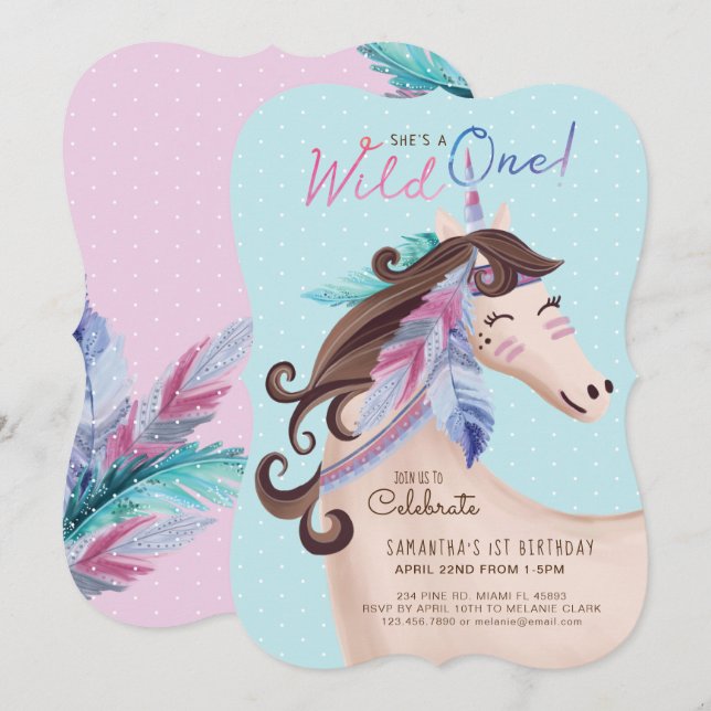 Invitation C'est une licorne d'aquarelle tribale sauvage (Devant / Derrière)