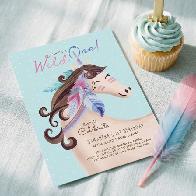 Invitation C'est une licorne d'aquarelle tribale sauvage (Pink Sweet Watercolor Unicorn Horse 1st Birthday Invitation)