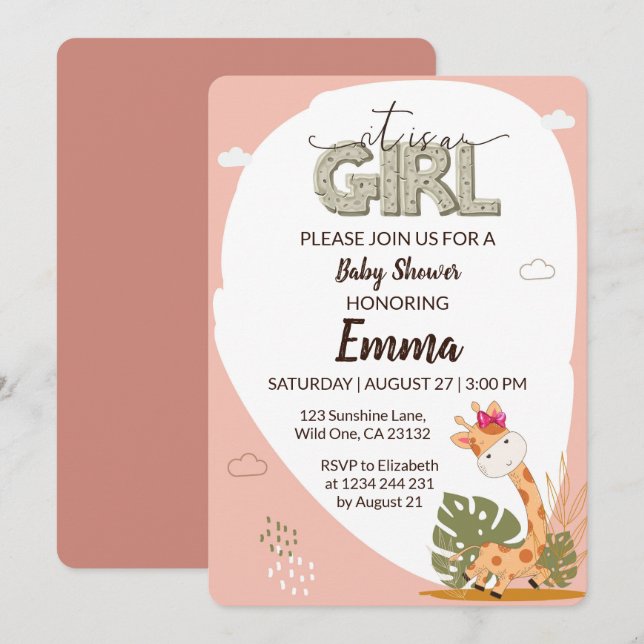 Invitation C'est une petite fille Giraffe Baby shower Invitat (Devant / Derrière)